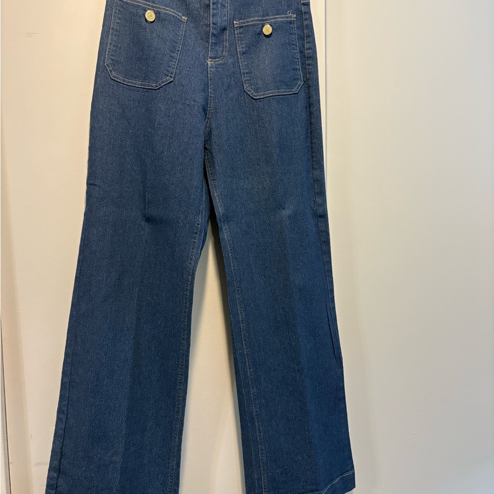 Wide Leg Dark Blue Jeans with Front Patch Pockets